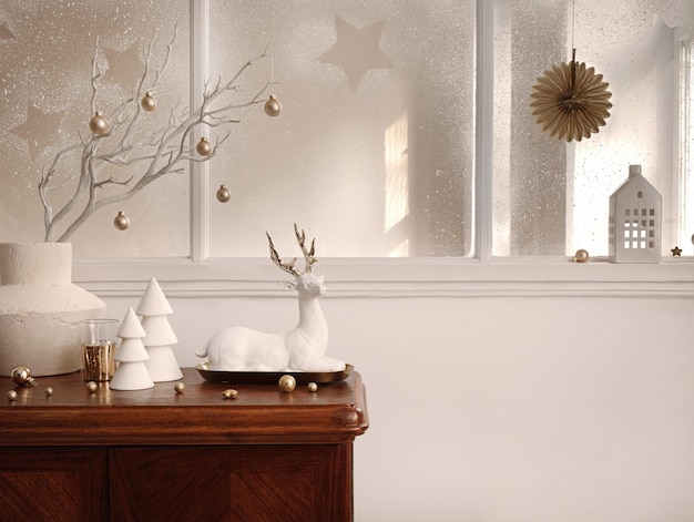 Christmas composition on the vintage shelf in the living room interior with beautiful decoration