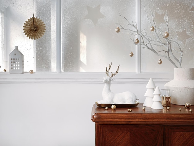 Christmas composition on the vintage shelf in the living room interior with big window christmas