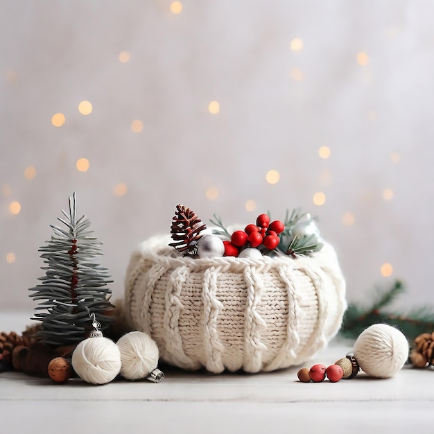 Christmas composition in white knitted background