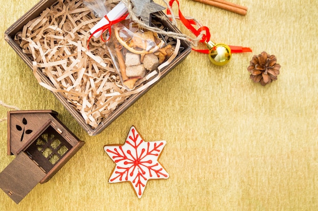 Christmas composition with gifts, Xmas balls, toys, sugar canes