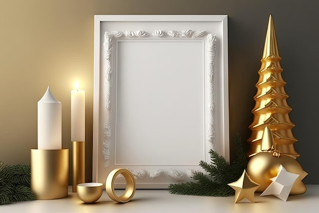 Christmas composition with gold mock up poster frame white chimney and decoration Christmas trees and wreath candles stars light and elegant accessories Template