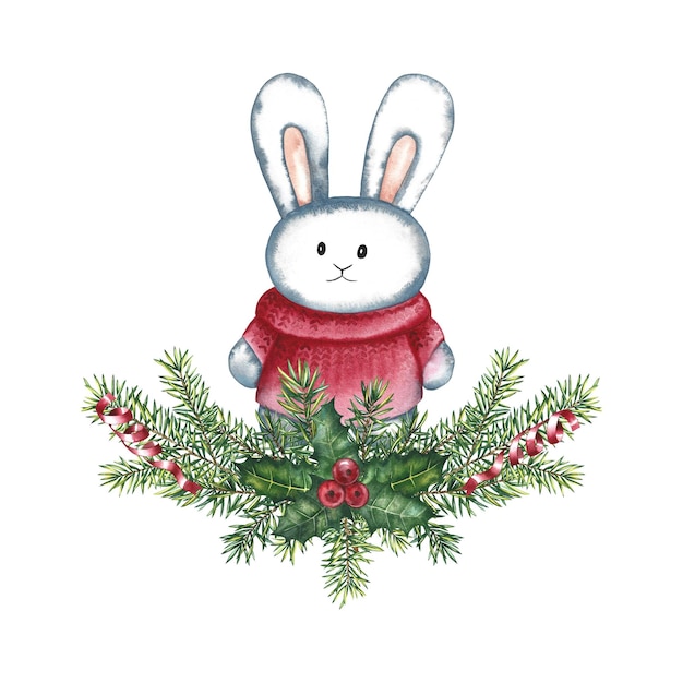 Christmas composition with a rabbit. Watercolor illustration.