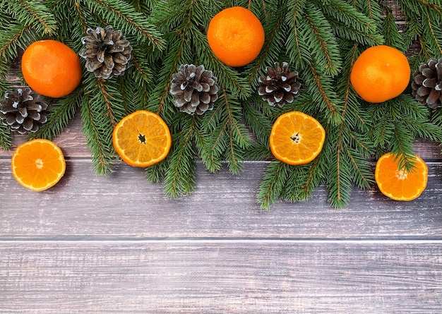 Christmas composition on wooden background. Space for text