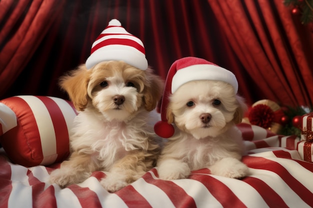 Christmas concept dogs wearing christmas hats in the room generative ai