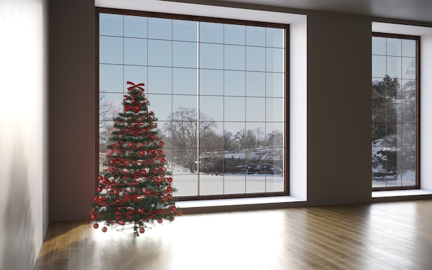 Christmas concept interior room christmas tree white room interior with wooden floor