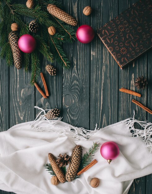 christmas concept. toys and presents on wooden background