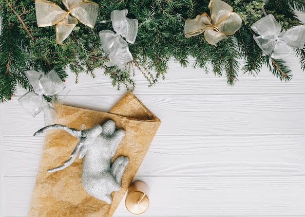 christmas concept. toys and presents on wooden background