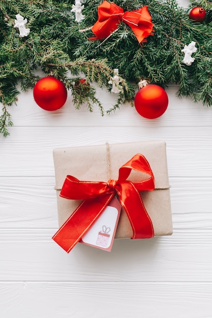 christmas concept. toys and presents on wooden background