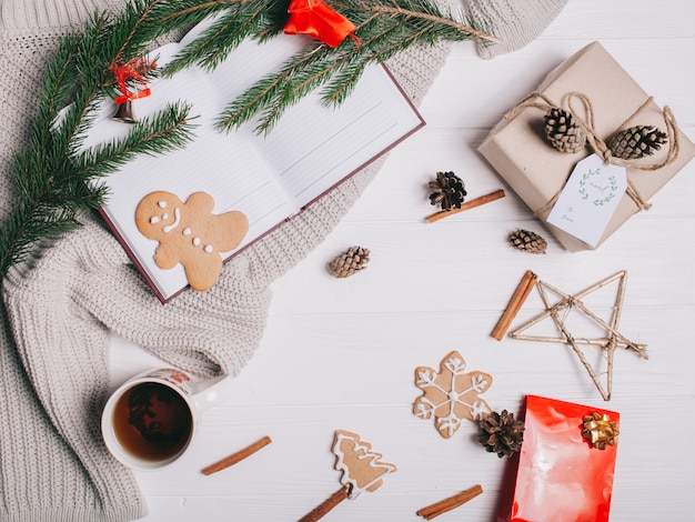 christmas concept. toys and presents on wooden background