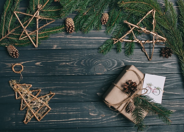 christmas concept. toys and presents on wooden background