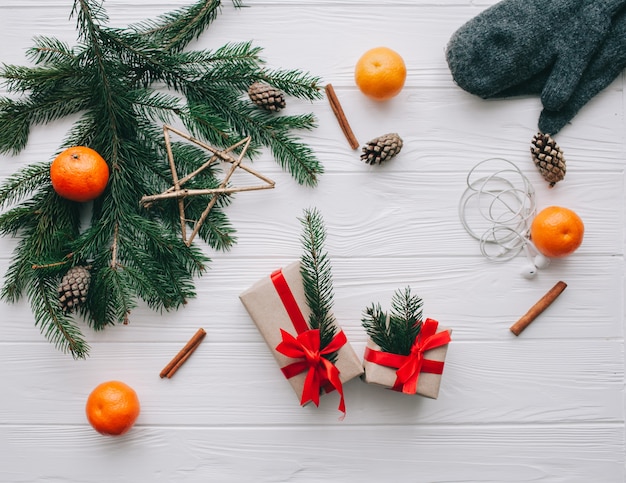 christmas concept. toys and presents on wooden background