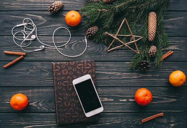 christmas concept. toys and presents on wooden background