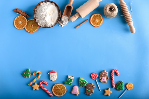 Christmas Concept with Layout Decorated Icing Sugar Cookies Composition. Copy Space for Text