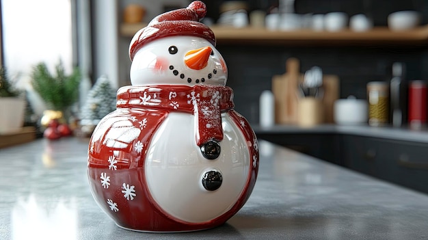 Christmas cookie jar shaped like a snowman placed on a kitchen counter warm glow