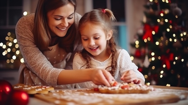 Christmas cookies are being made by a mother and daughter Generative AI