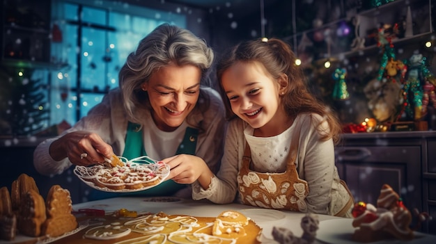 Christmas cookies are being made by a mother and daughter Generative AI