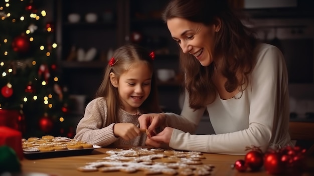 Christmas cookies are being made by a mother and daughter Generative AI