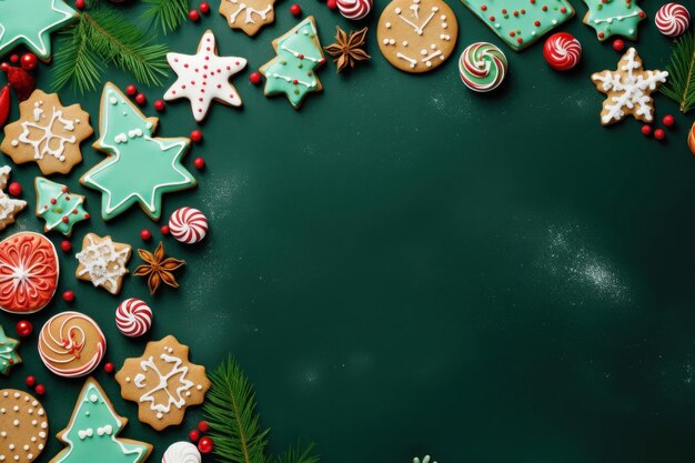 Christmas cookies candies and pine branches on green background