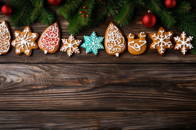 Christmas cookies candies and pine branches on wooden background