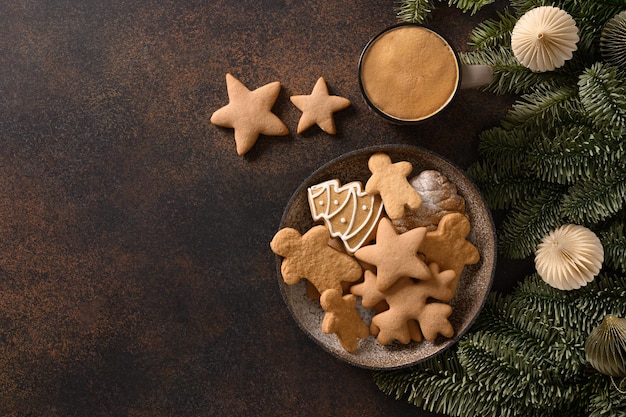 Christmas cookies and coffee Xmas holiday food for Christmas eve View from above