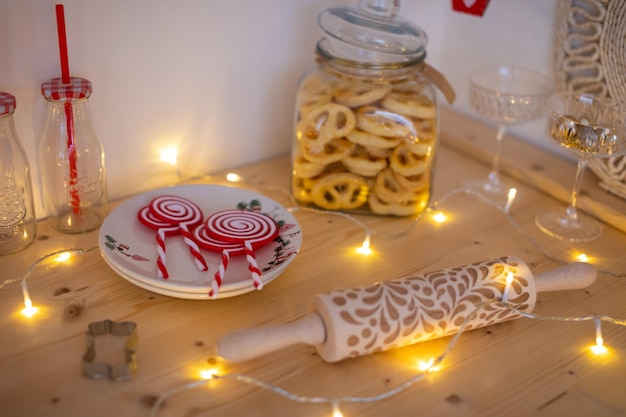 Christmas cookies homemade on plate on decoration holidays light background