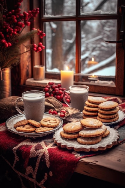 Christmas cookies and hot cocoa on a cozy table created with generative ai