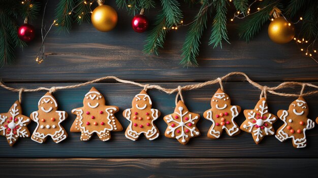 Christmas cookies with fir branches and garlands copy space