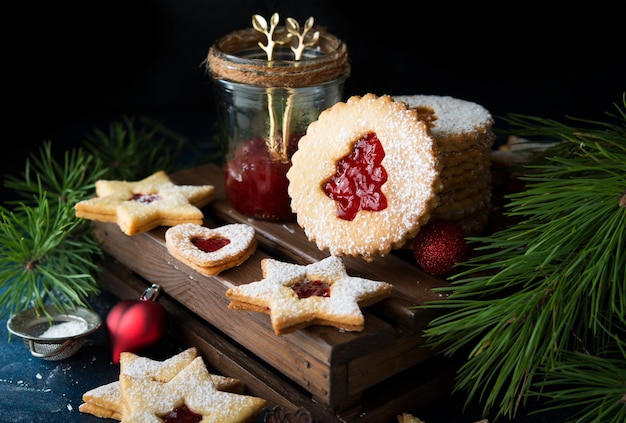 Christmas cookies with jam. A popular Austrian cookie is Linz cookies. Selective focus.