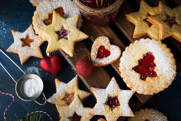 Christmas cookies with jam. A popular Austrian cookie is Linz cookies. Selective focus.