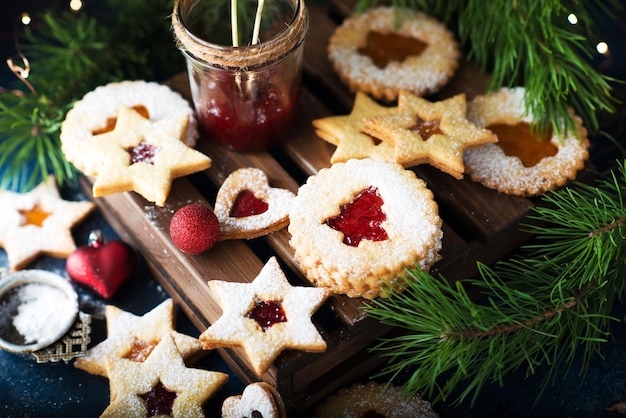 Christmas cookies with jam. A popular Austrian cookie is Linz cookies. Selective focus.