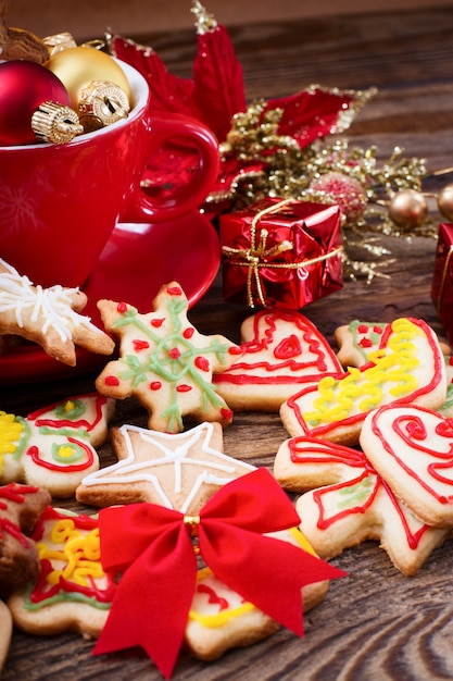 Christmas cookies on wooden table selective focus