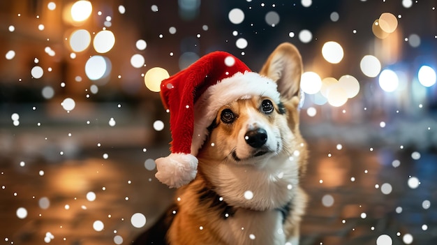 Christmas corgi dog in santa hat on festive prague street with snow and bokeh lights