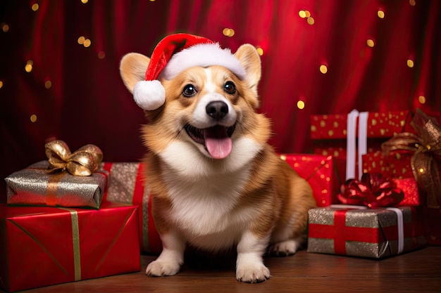 Christmas corgi dog wearing santa hatwith gift boxes on red bokeh background