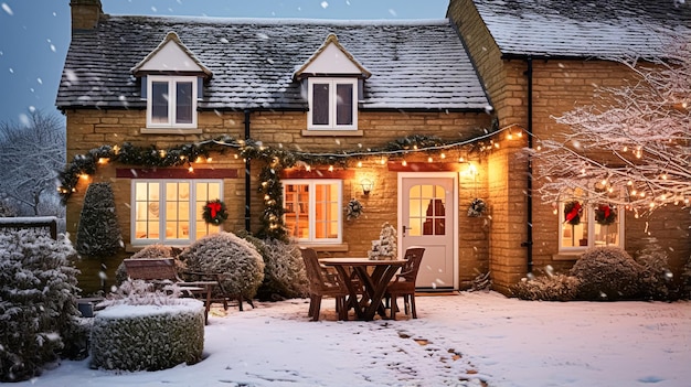 Christmas in the countryside cottage and garden decorated for holidays on a snowy winter evening with snow and holiday lights English country styling inspiration