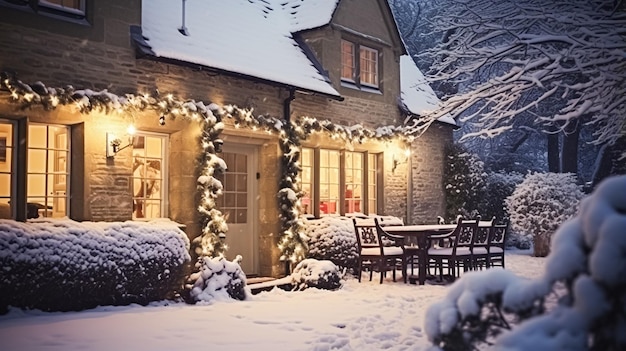 Christmas in the countryside cottage and garden decorated for holidays on a snowy winter evening with snow and holiday lights English country styling inspiration