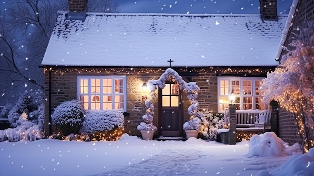 Christmas in the countryside cottage and garden decorated for holidays on a snowy winter evening with snow and holiday lights English country styling inspiration