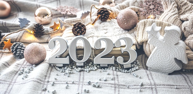 Christmas cozy background with numbers 2023 and decor details