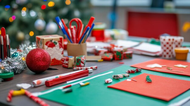 Christmas Craft Supplies and Decorations on a Table