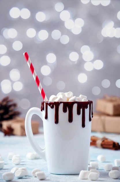 Christmas cup of cocoa with chocolate and marshmallows