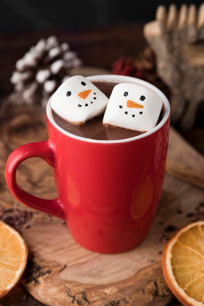 Christmas cup of hot chocolate with marshmallows