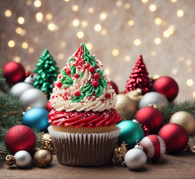 Christmas cupcake with decoration on bokeh background Copy space