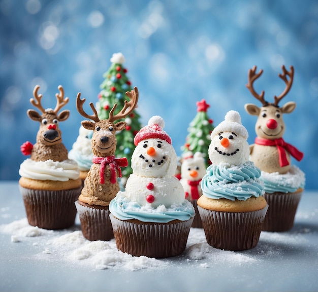 Christmas cupcakes with snowman and reindeer selective focus