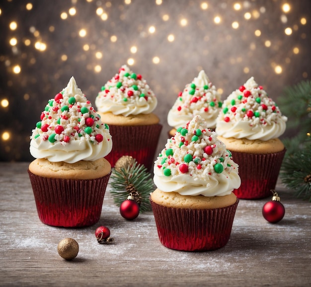 Christmas cupcakes on wooden background with christmas tree and lights