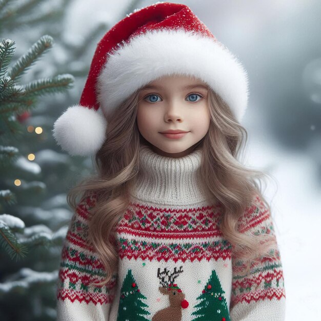 Christmas day girl wearing a christmas sweater with a snow nature background