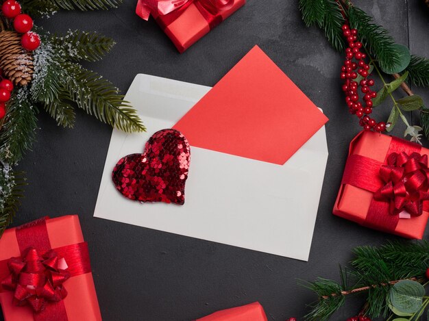 Christmas decor gifts wrapped in red paper and a letter on a black background top view