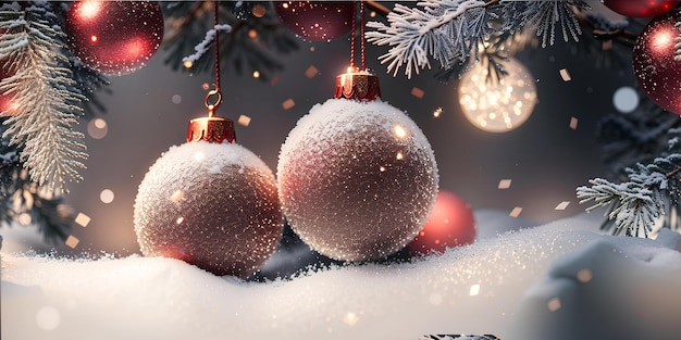 Christmas decor with fir branches and shiny balls AI