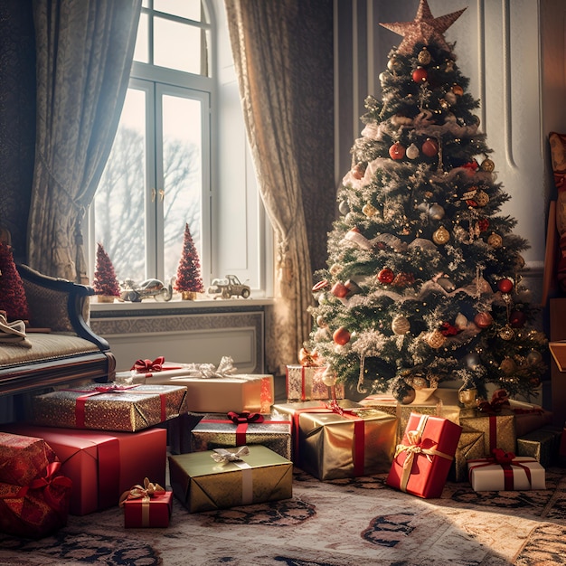 Christmas decorated bedroom or living room interior Christmas fir tree and gift boxes on floor copy space Cozy home moment Happy New Year Bright Christmas morning with presents Generative AI