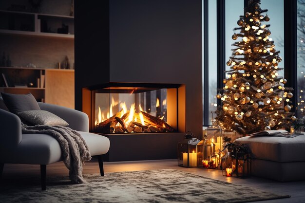 Christmas decorated evening cozy room design kamin and candle blurred light near sofa