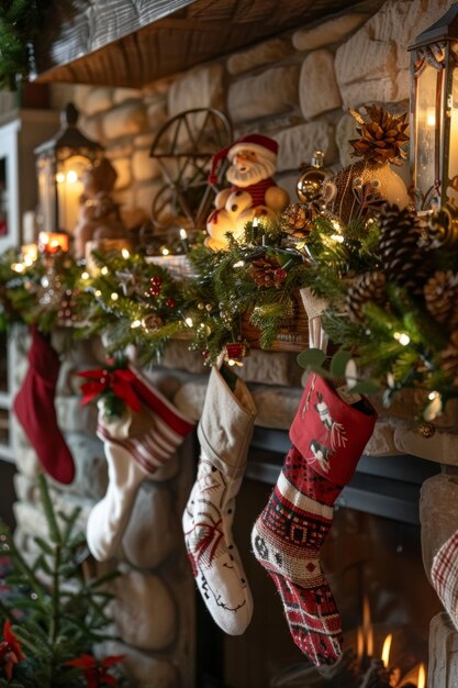 Christmas Decorated Mantel with Stockings Garlands and Warm Lights for a Cozy Holiday Atmosphere