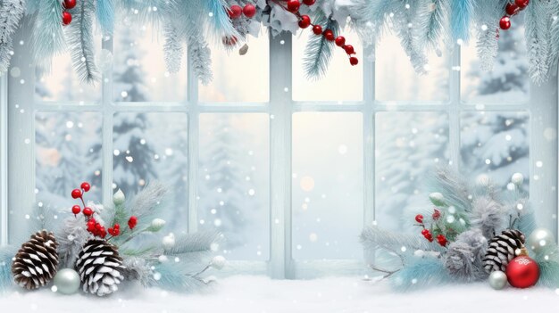 Christmas decorated window with Christmas elements with pastel light blue copy space